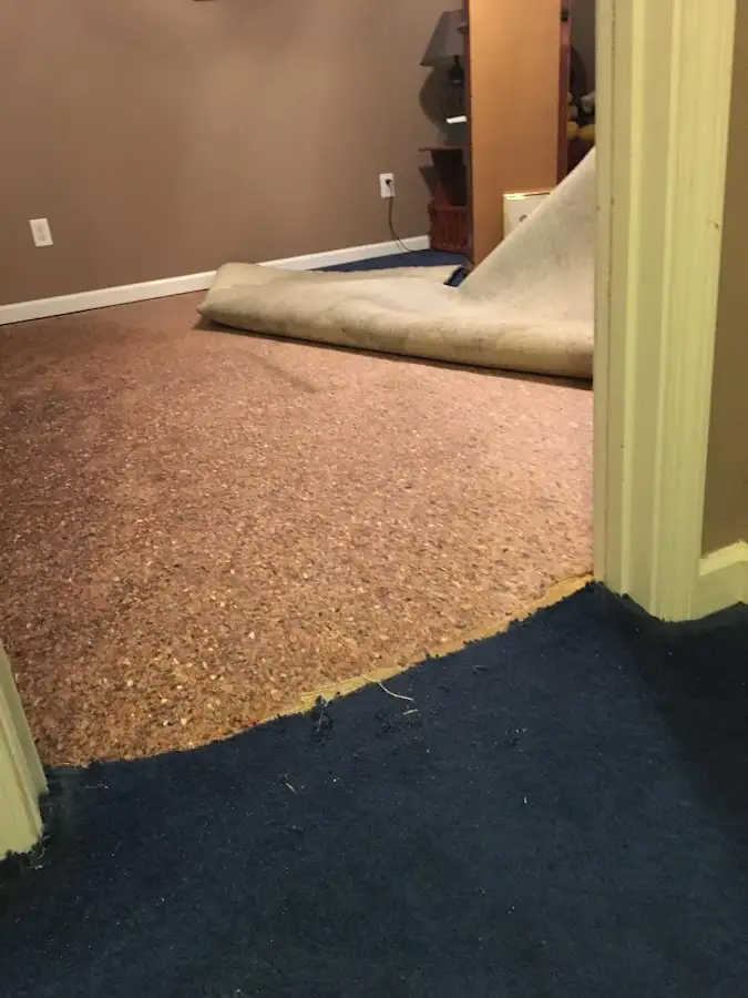 Carpet pad removal revealing water damage during Drying & Dehumidification in Lockport